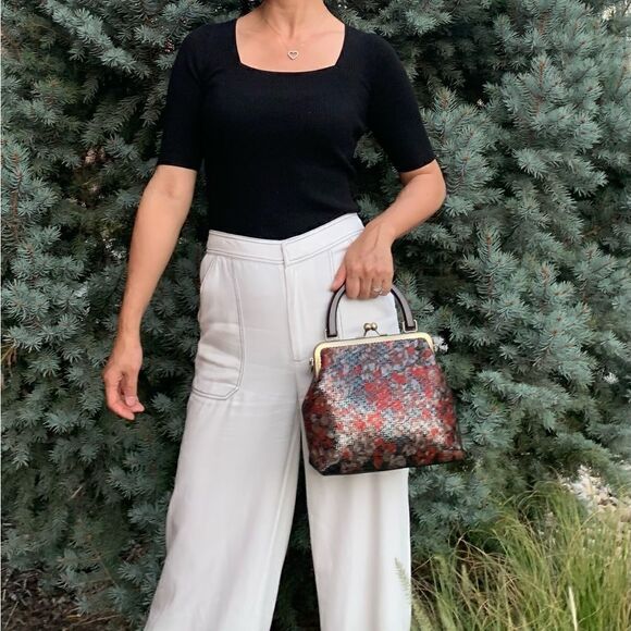 Handmade Genuine Sheepskin Floral Print, Wood Handle Bag & Small Clutch Set - Picture 3 of 16